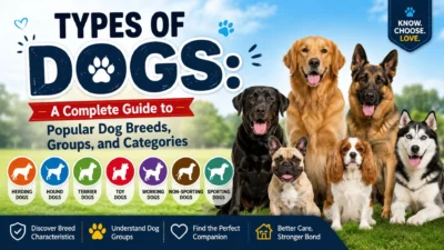 Types of dogs guide featuring popular dog breeds, breed groups, and categories including Labrador, Golden Retriever, Husky, and German Shepherd
