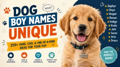 Happy golden retriever with unique dog boy names list and rare, cool puppy naming ideas on a colorful 2026 guide graphic