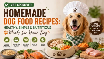 Vet approved homemade dog food recipes with fresh chicken, rice, vegetables, and a happy dog enjoying a healthy homemade meal.