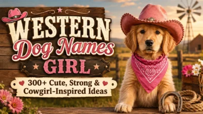 Western dog names girl banner featuring a cute puppy in a pink cowboy hat with rustic ranch scenery and western theme