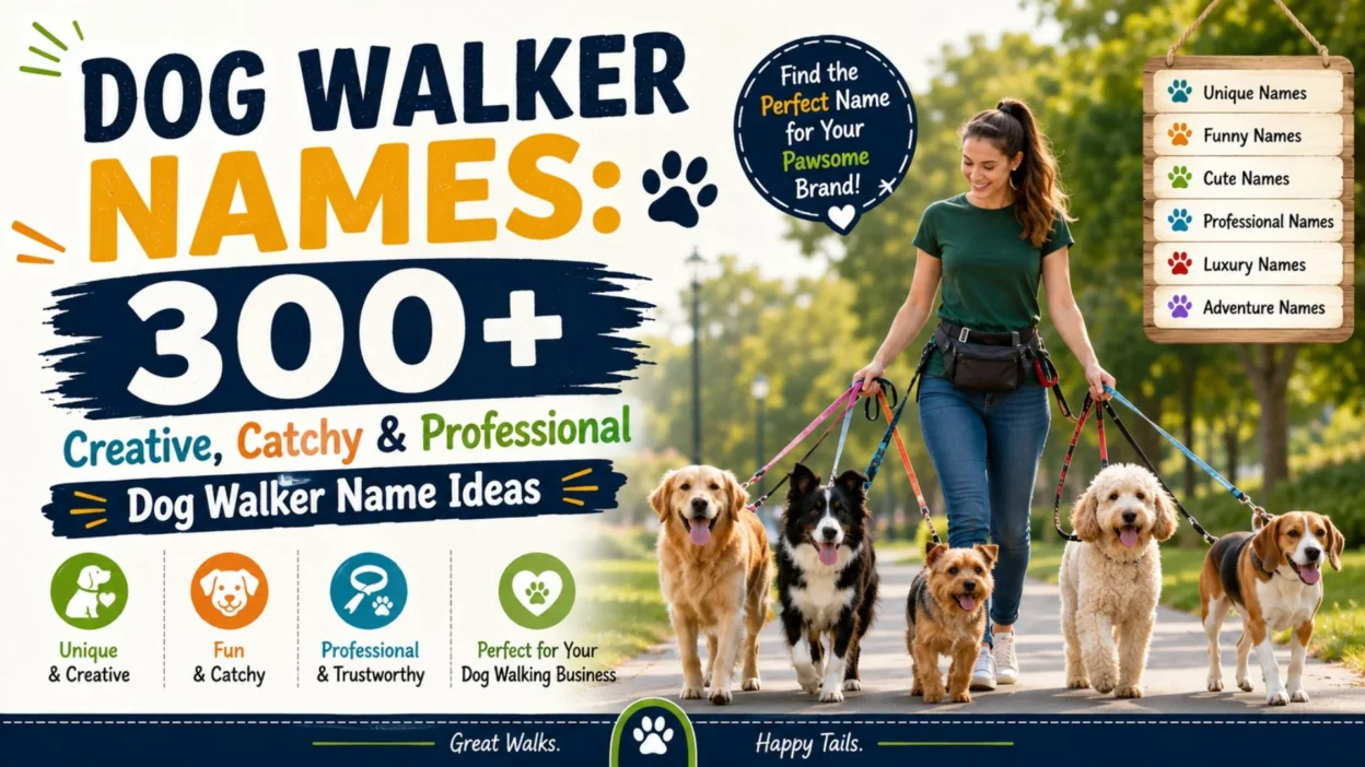 Dog walker with happy dogs in a park promoting 300+ creative, catchy, and professional dog walker name ideas