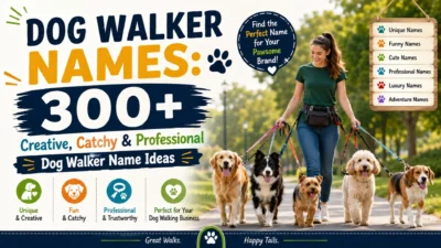 Dog walker with happy dogs in a park promoting 300+ creative, catchy, and professional dog walker name ideas