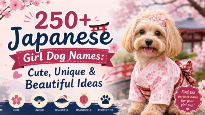 Japanese girl dog names banner with a cute puppy in a cherry blossom kimono