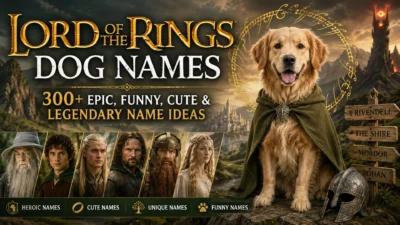Golden Retriever in a Middle-earth-inspired scene for Lord of the Rings dog names with fantasy characters and epic landscapes