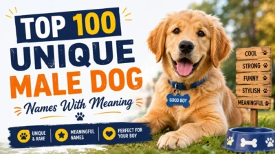 Top 100 unique male dog names with meaning featured alongside a happy Golden Retriever in a colorful outdoor setting