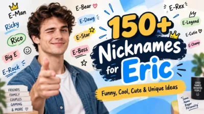 Smiling man pointing beside colorful 150+ nicknames for Eric ideas featuring funny, cool, cute, and unique names