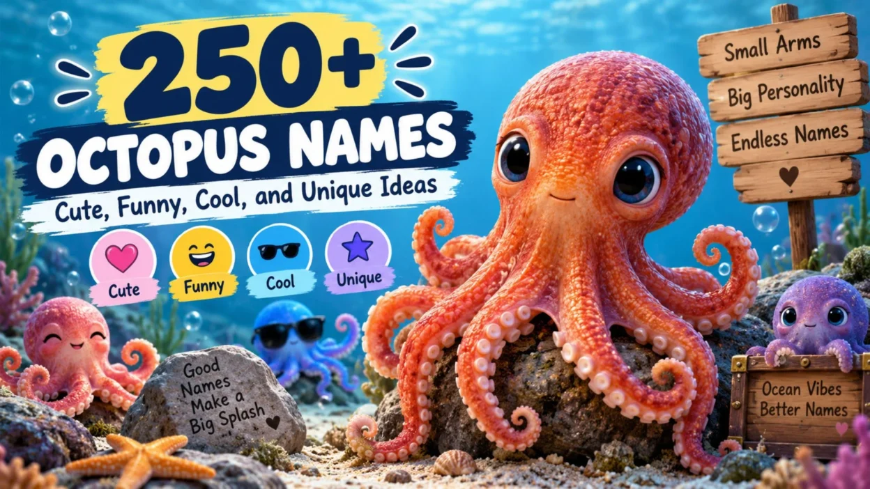 Cute orange octopus with 250+ octopus names text, featuring funny, cool, and unique naming ideas underwater