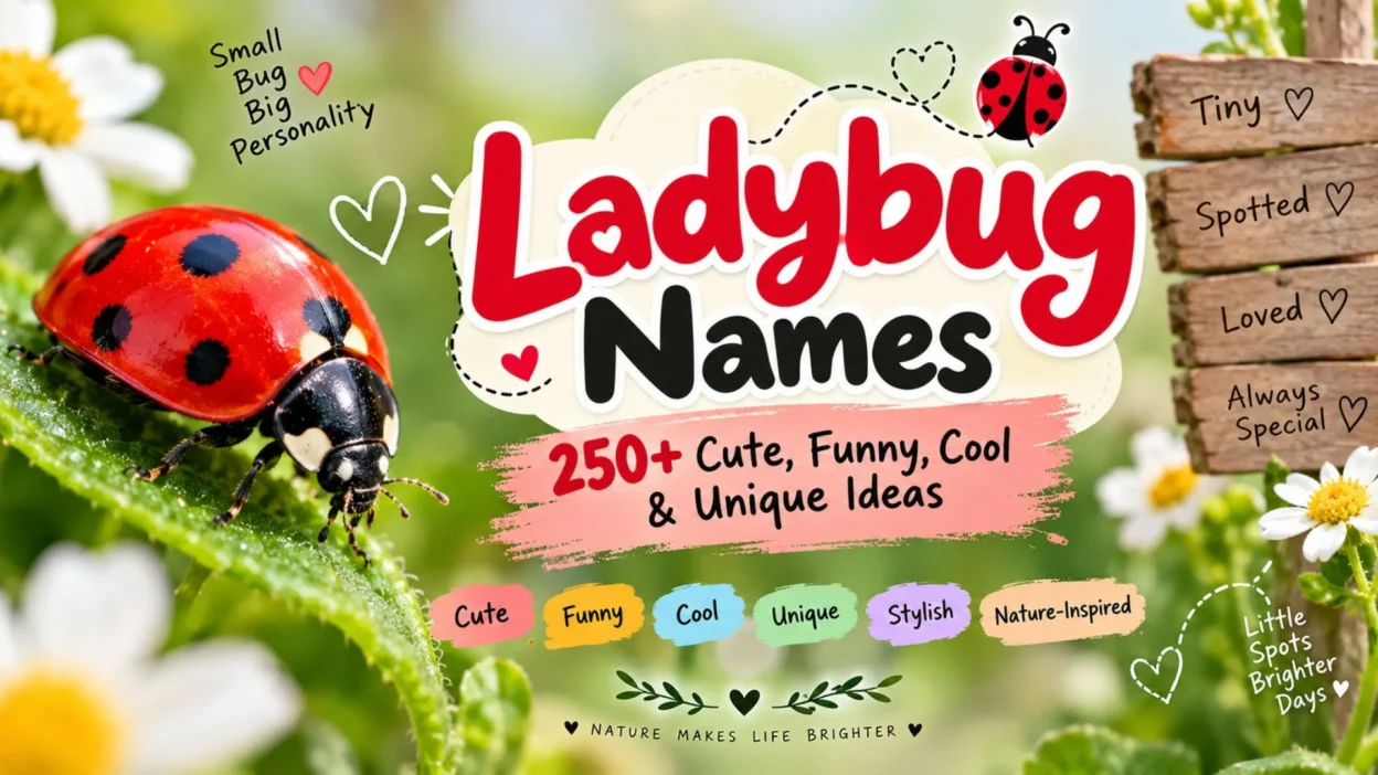 Cute red and black ladybug on a green leaf with Ladybug Names text and 250+ naming ideas