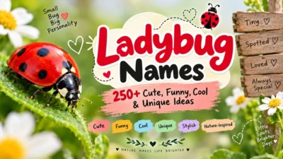 Cute red and black ladybug on a green leaf with Ladybug Names text and 250+ naming ideas