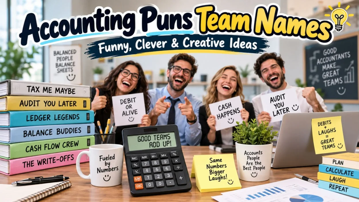 Accounting puns team names banner with funny, clever ideas and coworkers holding creative accounting signs