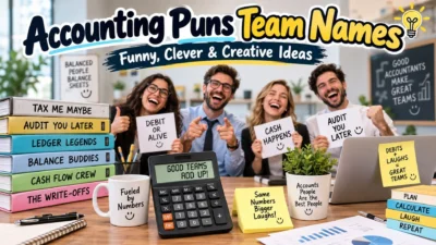 Accounting puns team names banner with funny, clever ideas and coworkers holding creative accounting signs