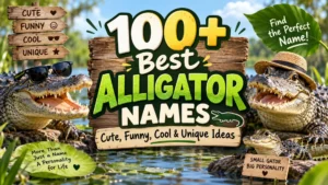 Colorful alligator names graphic featuring cute, funny, cool, and unique naming ideas for gators