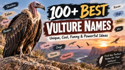 100+ best vulture names with unique, cool, funny, and powerful name ideas beside a majestic vulture