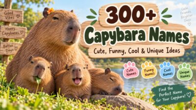 Capybaras by a pond with a colorful sign featuring 300+ cute, funny, cool, and unique capybara names