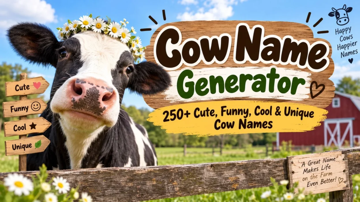 Cow name generator with 250+ cute, funny, cool, and unique cow names on a sunny farm