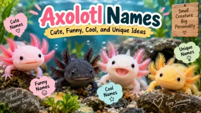Cute pink, black, white, and golden axolotls showcasing funny, cool, cute, and unique axolotl names