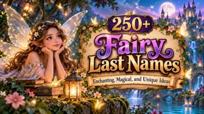 Fairy last names banner featuring a magical fairy, glowing lantern, and enchanted castle at night.