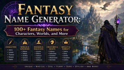 Fantasy name generator with magical characters, kingdoms, wizards, creatures, and royalty in an enchanted world