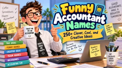 Funny accountant names illustration with a cheerful accountant, calculator, laptop, and creative office humor