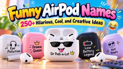 Funny AirPod names featuring colorful earbuds and creative ideas for cool, cute, and hilarious names.