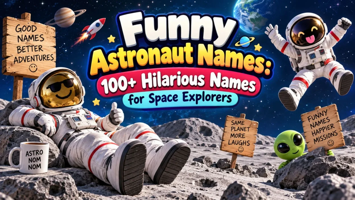 Funny astronaut names banner with playful astronauts, planets, rocket, and 100+ hilarious space explorer names