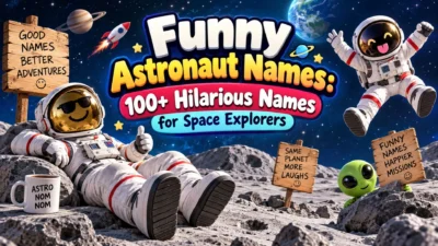Funny astronaut names banner with playful astronauts, planets, rocket, and 100+ hilarious space explorer names