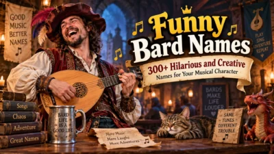 : Funny bard playing a lute in a fantasy tavern with creative musical character name ideas
