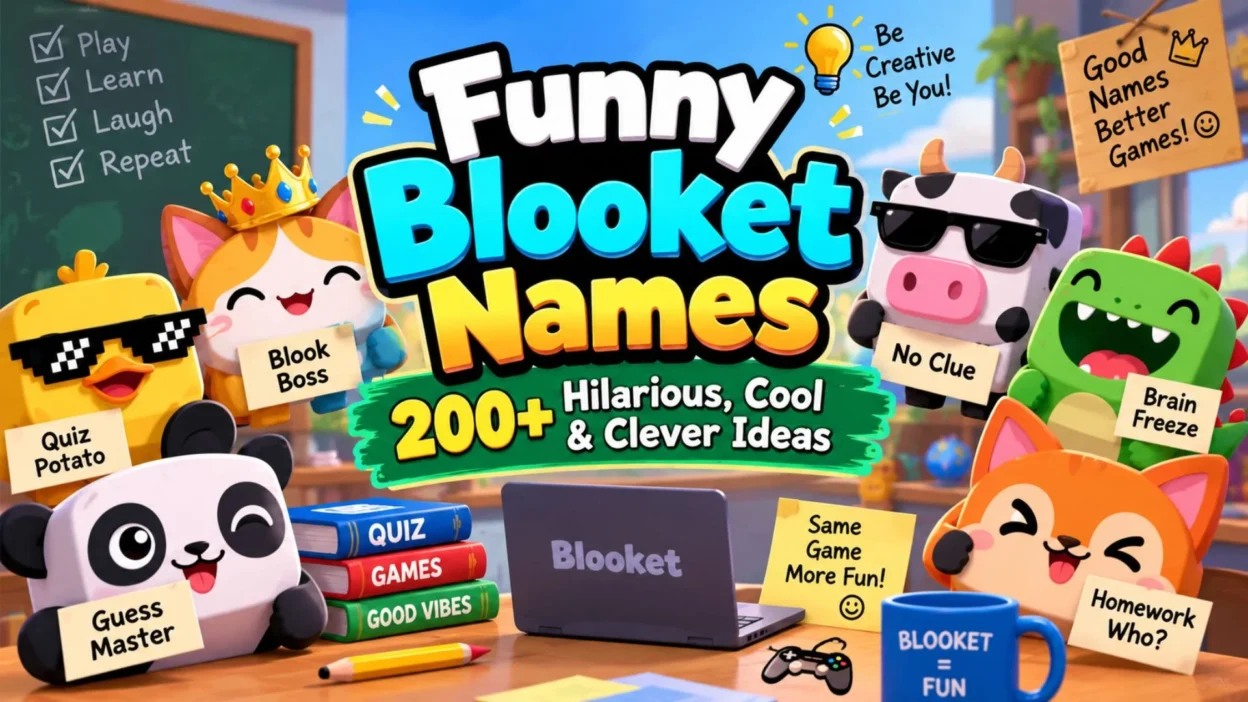 Funny Blooket names with colorful game characters, quiz ideas, and 200+ hilarious, cool, and clever name suggestions
