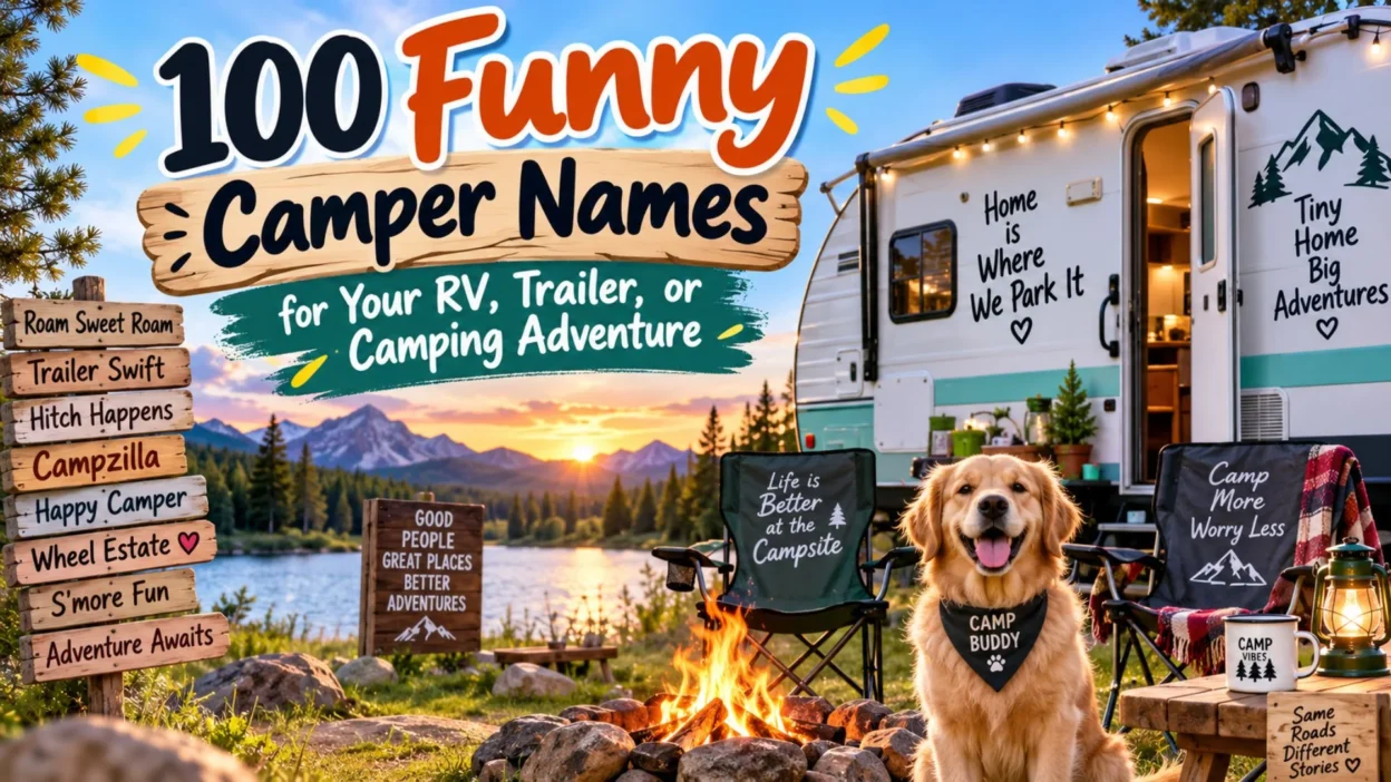 100 funny camper names for RVs, trailers, and camping adventures by a scenic lakeside campsite