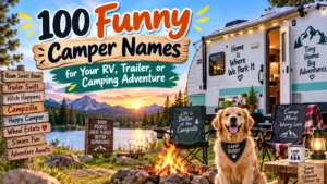 100 funny camper names for RVs, trailers, and camping adventures by a scenic lakeside campsite