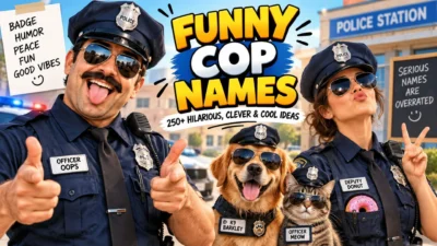 Funny cop names with playful police officers, K9 dog, and cat in a colorful cartoon scene