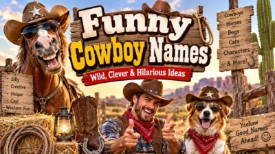 Funny cowboy names with a playful Western scene, cowboy, horse, dog, boots, cactus, and rustic signs