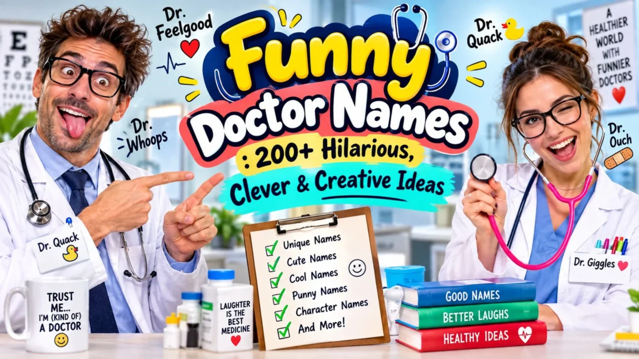 Funny doctor names with cheerful doctors, medical icons, and 200+ hilarious, clever name ideas