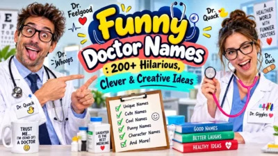 Funny doctor names with cheerful doctors, medical icons, and 200+ hilarious, clever name ideas
