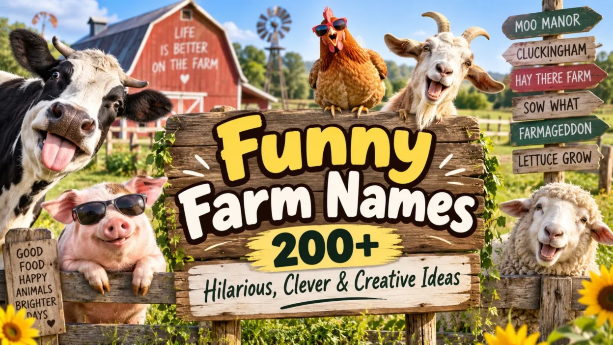 Funny farm names sign with cheerful cow, pig, chicken, goat, and sheep on a colorful farm