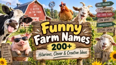 Funny farm names sign with cheerful cow, pig, chicken, goat, and sheep on a colorful farm