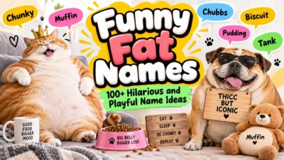 Funny fat names illustration featuring a chubby cat, bulldog, teddy bear, and playful name ideas