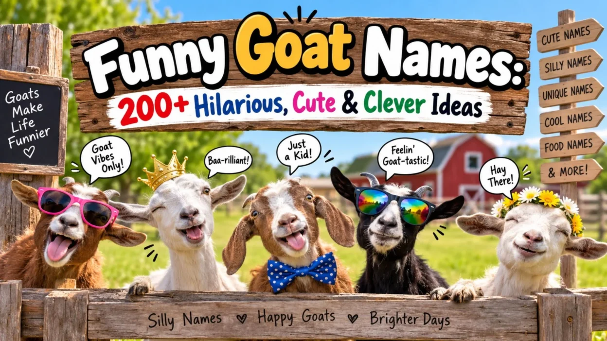 Funny goat names with cute and playful goats on a sunny farm