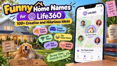 Funny home names for Life360 graphic with creative location name ideas and family tracking app screen