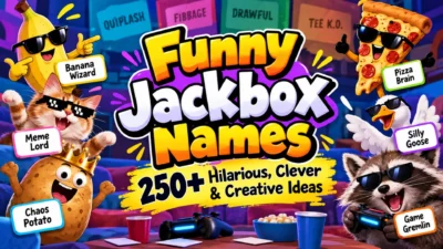 Funny Jackbox names with colorful game characters, snacks, and 250+ hilarious name ideas
