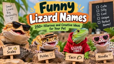 Funny lizard names with colorful pet lizards showing cute and hilarious naming ideas