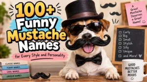 Funny mustache names banner featuring a stylish dog with a large fake mustache, sunglasses, and a top hat