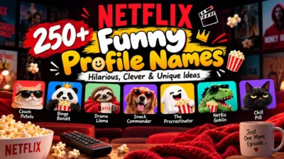 Funny Netflix profile names featuring hilarious animal avatars, popcorn, and creative streaming ideas.