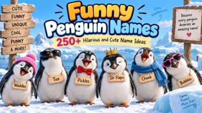 Cute penguins with funny names including Waddles, Tux, Pickles, Sir Flaps, Chonk, and Bubbles