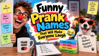 Funny prank names banner with a laughing man, sunglasses-wearing dog, and colorful joke name ideas