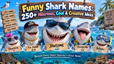 Funny shark names with playful sharks and creative name ideas in a colorful ocean scene
