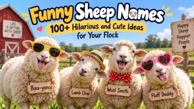 Funny sheep wearing sunglasses and hats in a sunny farm field for funny sheep names inspiration