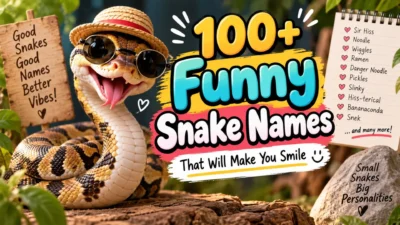 Funny snake wearing sunglasses and a hat beside colorful text featuring 100+ funny snake names