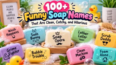 Colorful funny soap names displayed on playful handmade soap bars with bubbles and bathroom decor