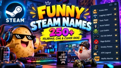 Funny Steam names with a colorful gaming setup, playful potato gamer, and hilarious username ideas